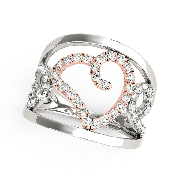 LOVCIA Luxury 14k White and Rose Gold Diamond Ring with Heart Filigree Design (1/4 cttw)