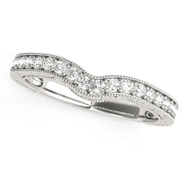 LOVCIA Luxury 14k White Gold Curved Diamond Wedding Band with Milgrain Beaded Border (1/4 cttw)