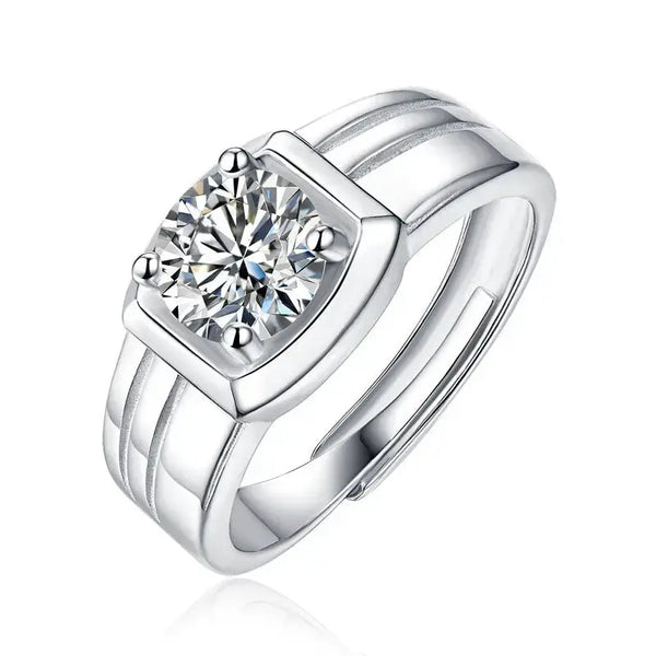 LOVCIA Men Moissanite CZ Geometry Square 925 Sterling Silver Adjustable Ring