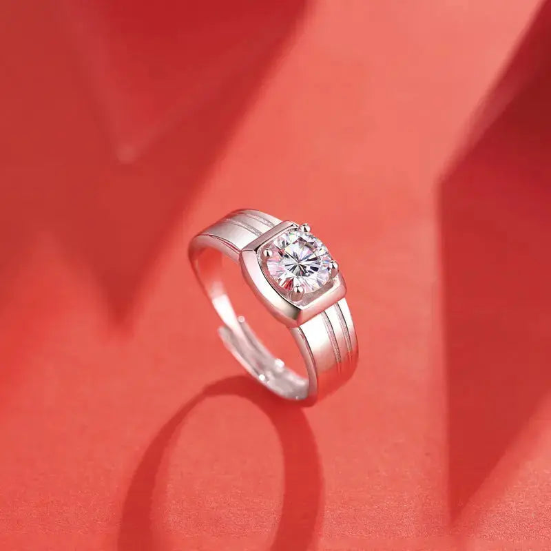 Lovcia Men Moissanite CZ Geometry Square 925 Sterling Silver Adjustable Ring-Rings-1 ct ( Certificate Included )-1 ct ( Certificate Included )