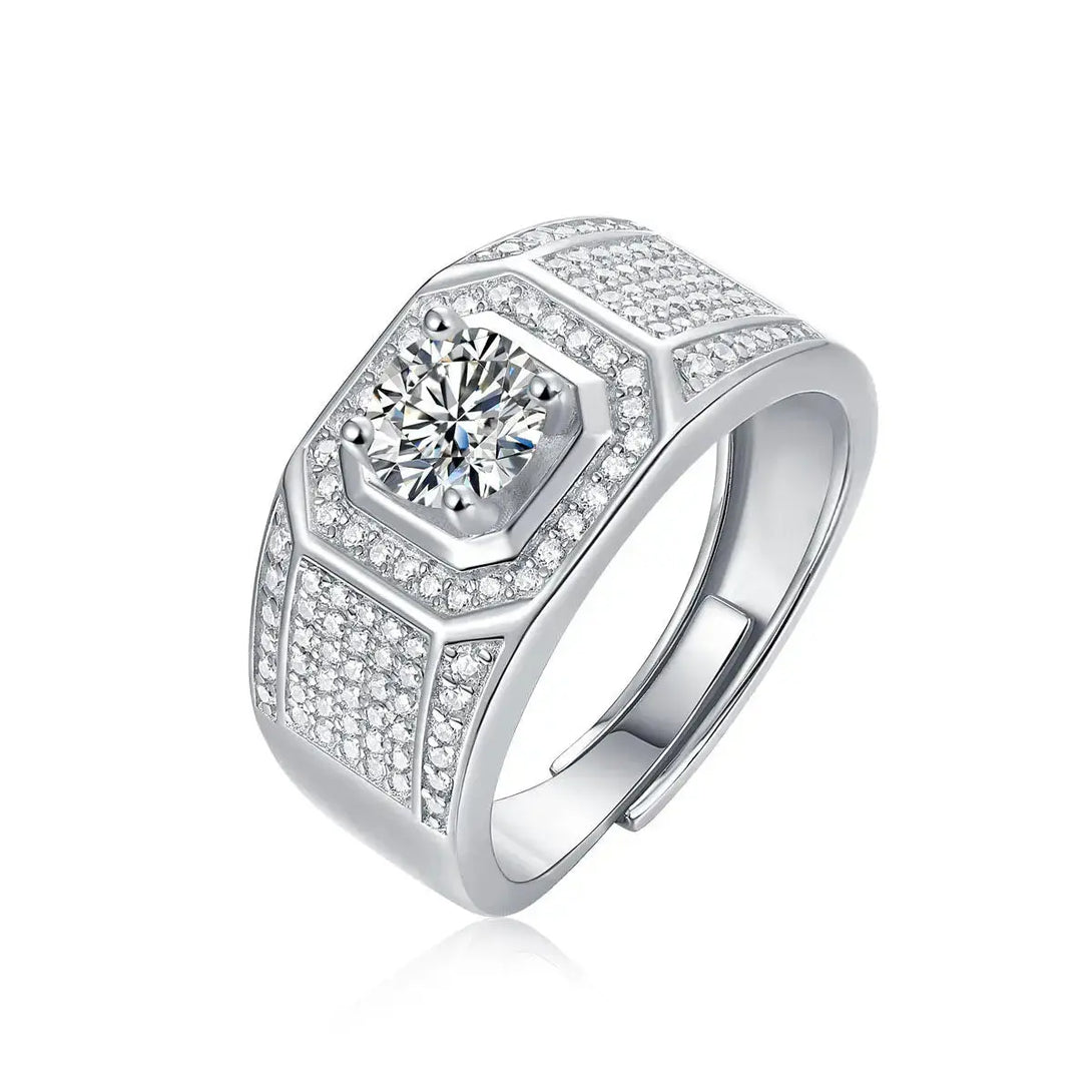 Lovcia Men's 1ct Moissanite CZ Square Wide 925 Sterling Silver Adjustable Ring-Rings-1 ct ( Certificate Included )-1 ct ( Certificate Included )