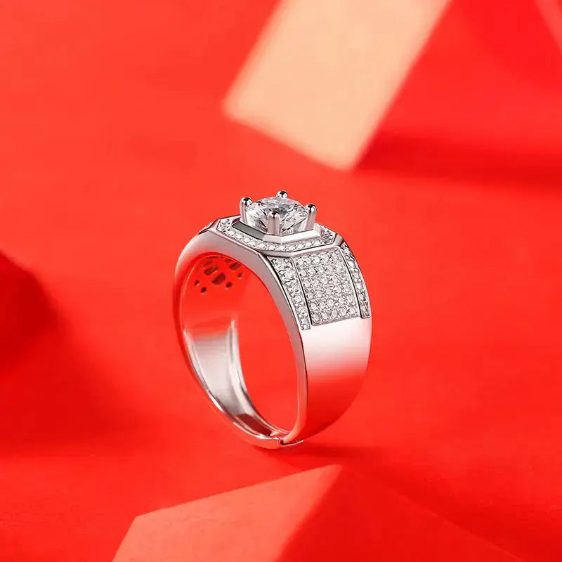 Lovcia Men's 1ct Moissanite CZ Square Wide 925 Sterling Silver Adjustable Ring-Rings-1 ct ( Certificate Included )-1 ct ( Certificate Included )