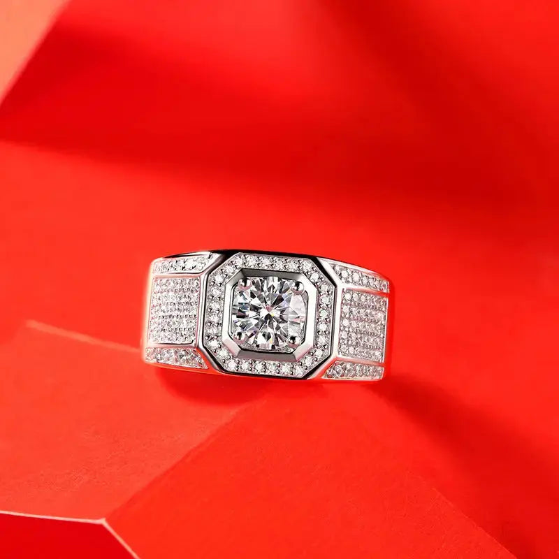 Lovcia Men's 1ct Moissanite CZ Square Wide 925 Sterling Silver Adjustable Ring-Rings-1 ct ( Certificate Included )-1 ct ( Certificate Included )