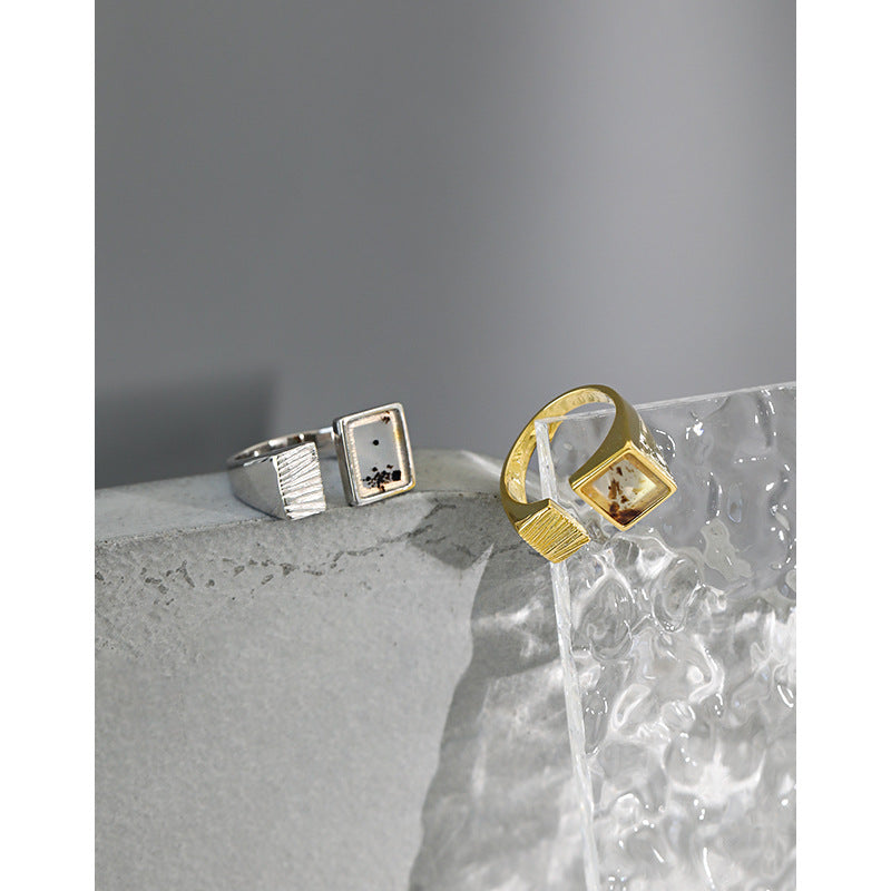 Lovcia Men's Adjustable Square Agate Ring 925 Gold Tone-Rings-Yellow Gold-