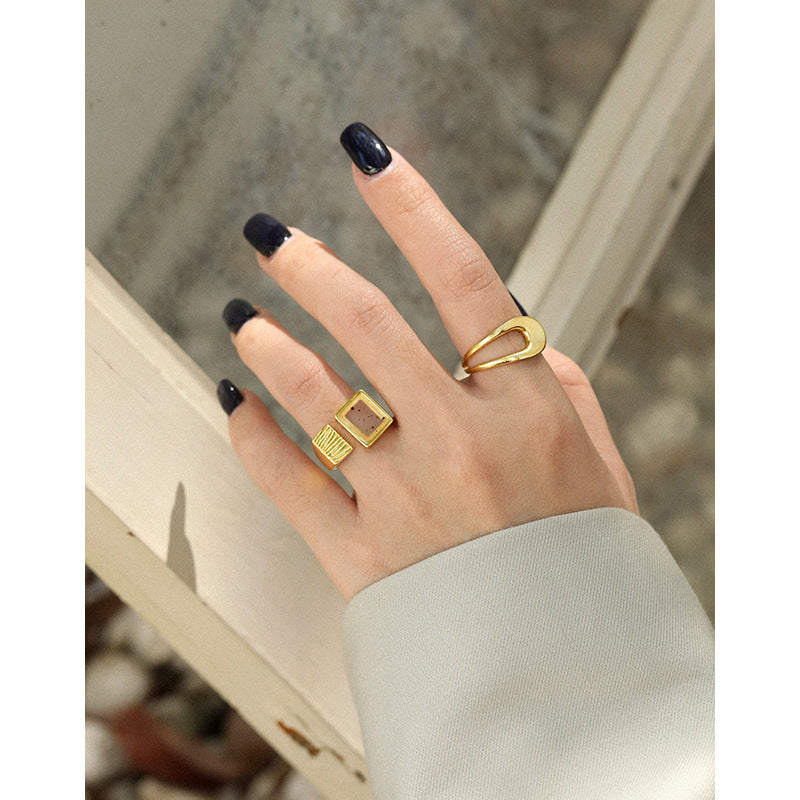 Lovcia Men's Adjustable Square Agate Ring 925 Gold Tone-Rings-Yellow Gold-