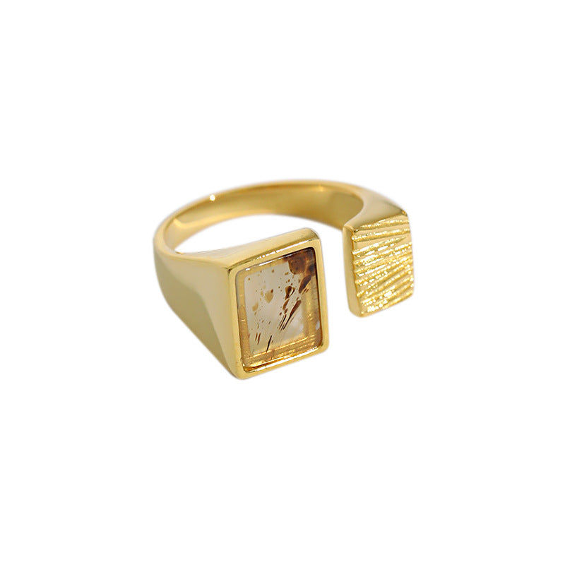 Lovcia Men's Adjustable Square Agate Ring 925 Gold Tone-Rings-Yellow Gold-