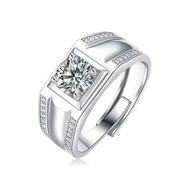 LOVCIA Men's Moissanite CZ Geometry Square 925 Sterling Silver Adjustable Ring