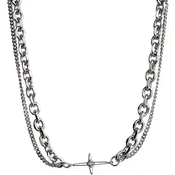 Titanium Steel Necklace Splicing Cross European And American Double Clavicle Chain Simple Collar LOVCIA