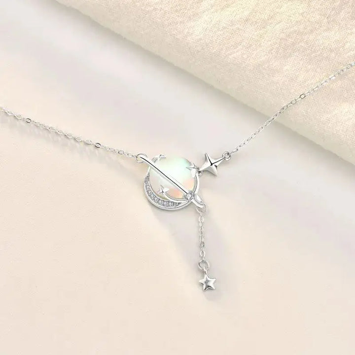 Gift Natural Moonstone Planet Stars 925 Sterling Silver Necklace LOVCIA