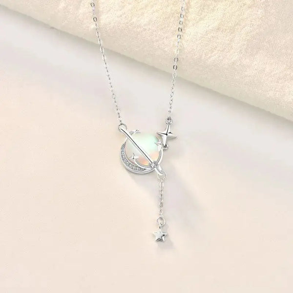 Gift Natural Moonstone Planet Stars 925 Sterling Silver Necklace LOVCIA