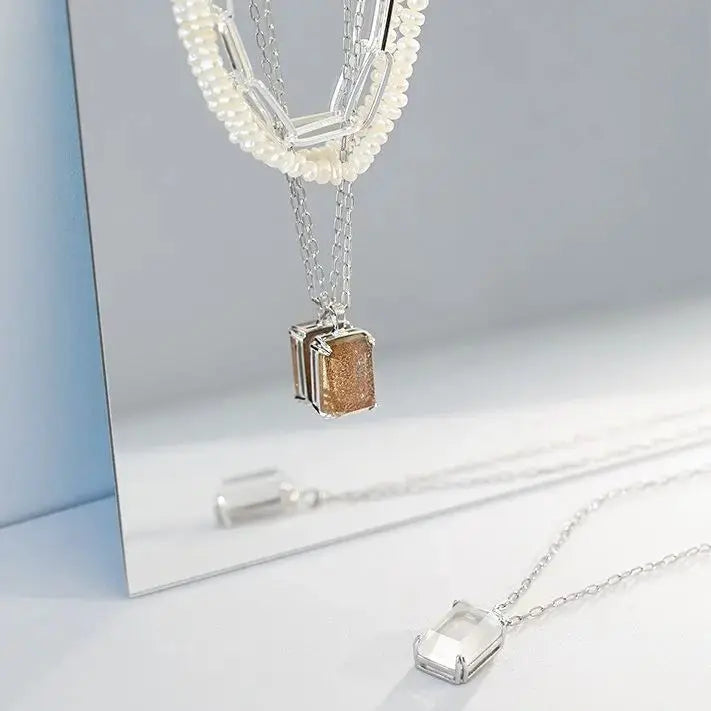 Simple Geometric Square Golden Sandstone White Crystal 925 Sterling Silver Necklace LOVCIA