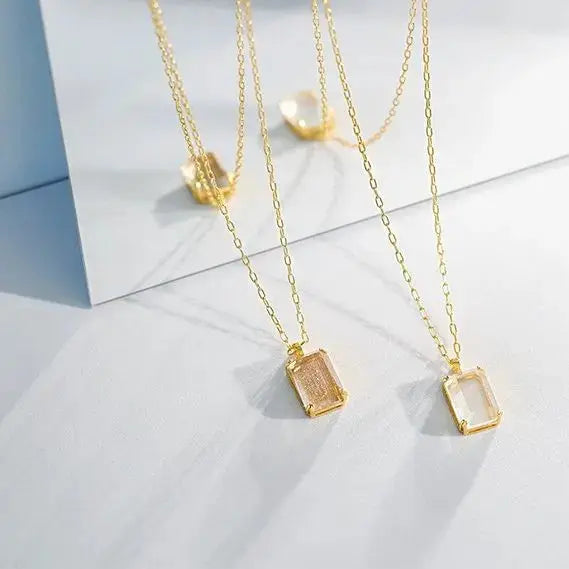 Simple Geometric Square Golden Sandstone White Crystal 925 Sterling Silver Necklace LOVCIA