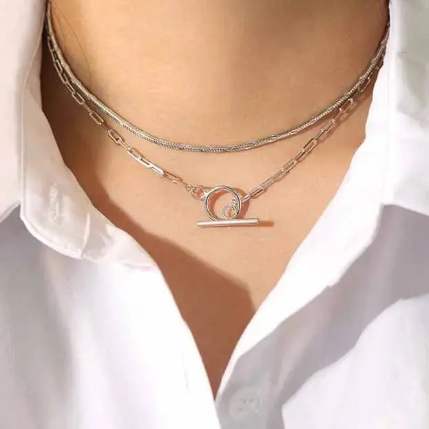 Simple TO Shape Chian 925 Sterling Silver Choker Necklace LOVCIA