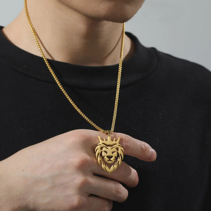 LOVCIA Lion King Stainless Steel Gold Plated Box Chain Pendant - Men's Hip-hop Necklace LOVCIA