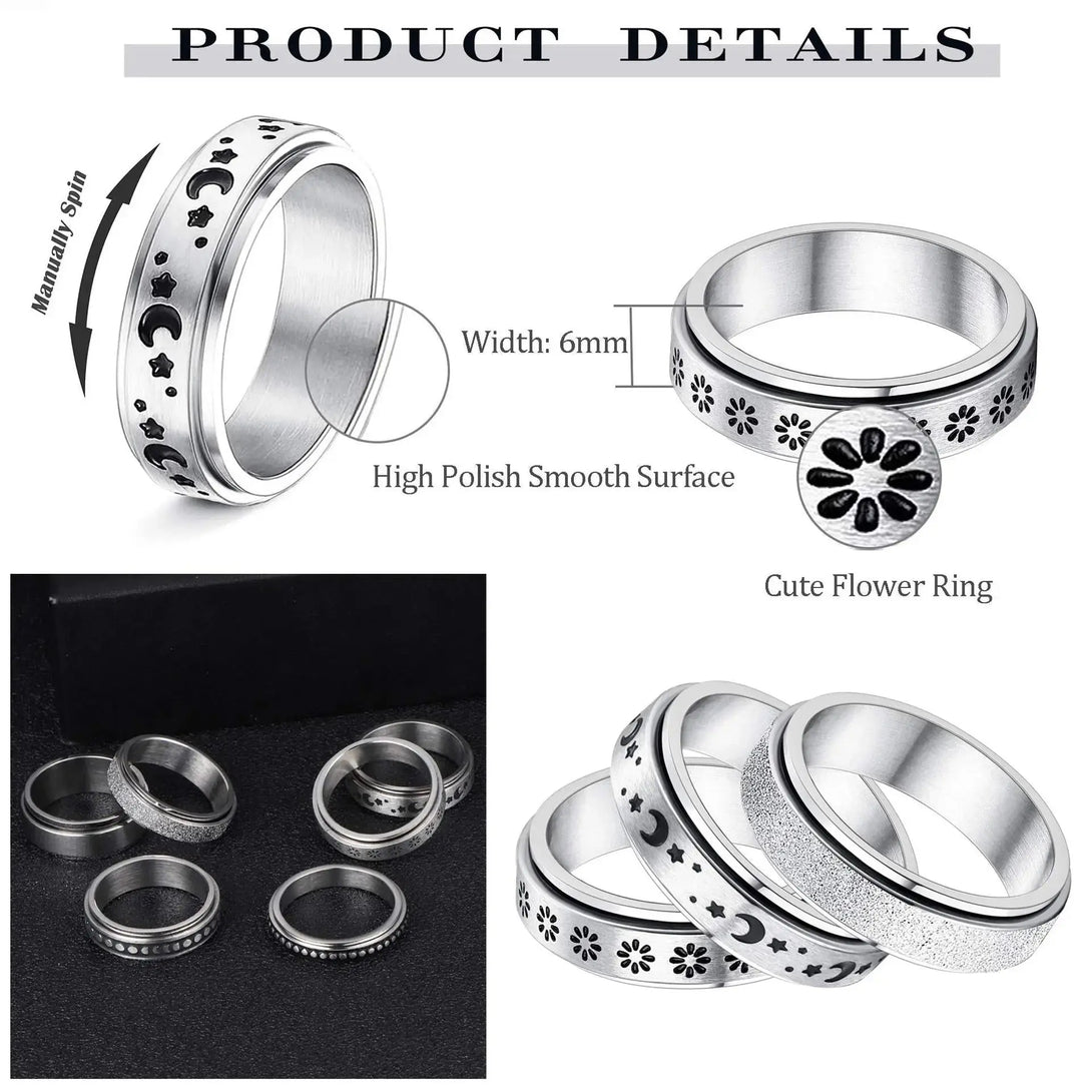 LOVCIA Moon Stars Stainless Steel Rotatable Spinner Rings