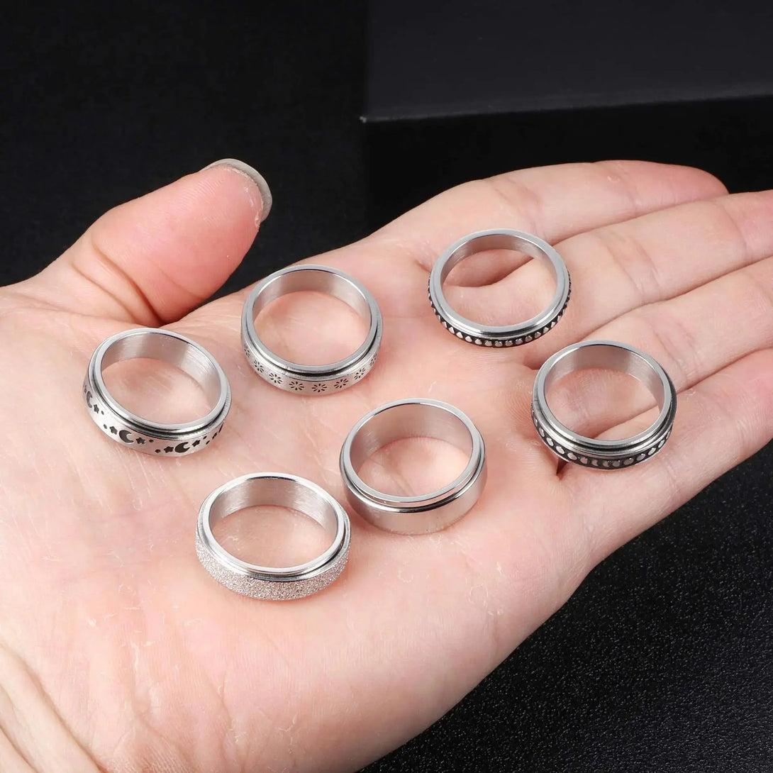 LOVCIA Moon Stars Stainless Steel Rotatable Spinner Rings