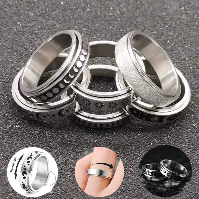 LOVCIA Moon Stars Stainless Steel Rotatable Spinner Rings