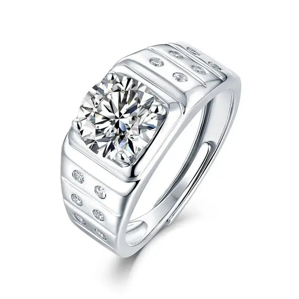 LOVCIA Men's Round Moissanite CZ Belt 925 Sterling Silver Adjustable Ring
