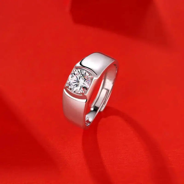 LOVCIA Men's Round Moissanite CZ Wide 925 Sterling Silver Adjustable Ring