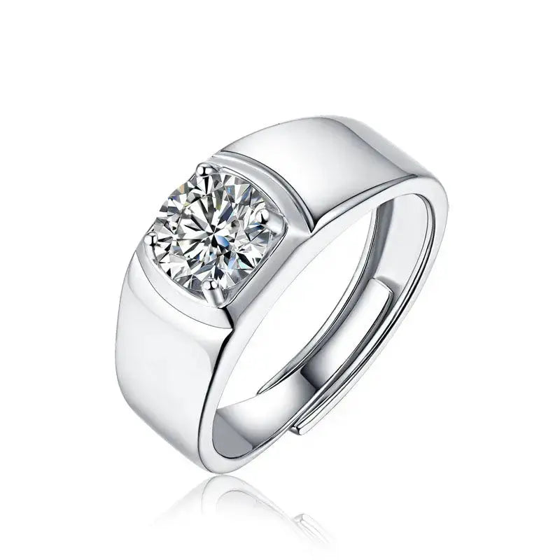 Lovcia Men's Round Moissanite CZ Wide 925 Sterling Silver Adjustable Ring-Rings-1 ct ( Certificate Included )-1 ct ( Certificate Included )