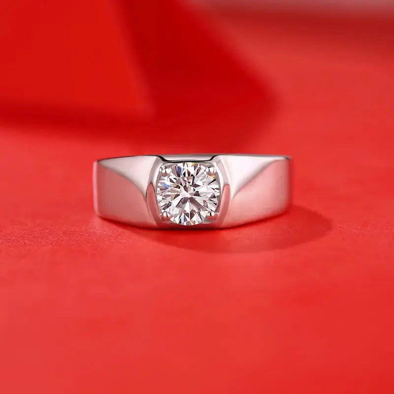 Lovcia Men's Round Moissanite CZ Wide 925 Sterling Silver Adjustable Ring-Rings-1 ct ( Certificate Included )-1 ct ( Certificate Included )