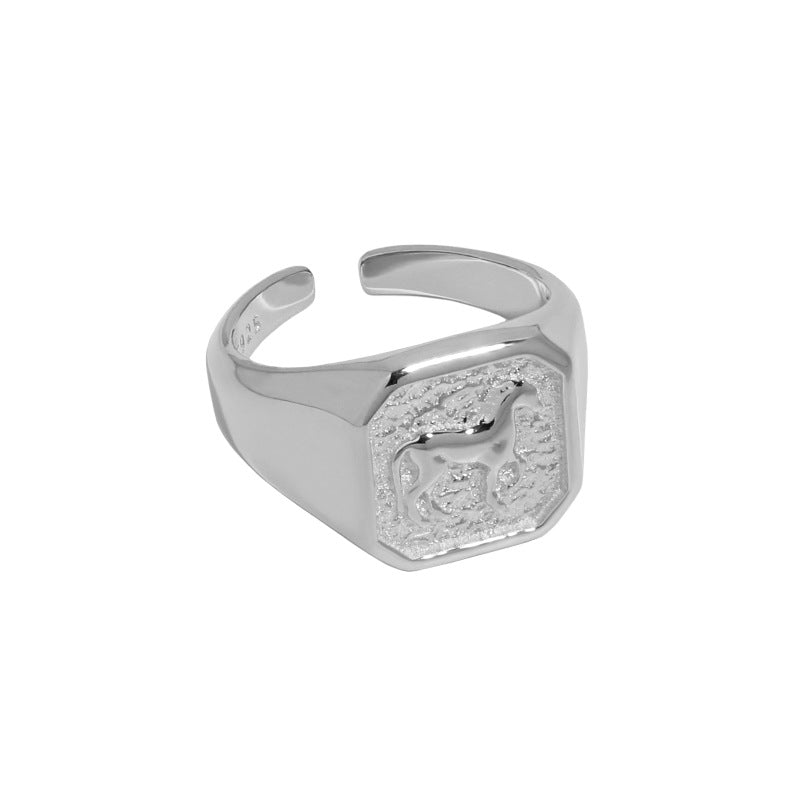 Lovcia Men's Square Horse Ring 925 Gold Tone Adjustable-Rings-Rhodium-