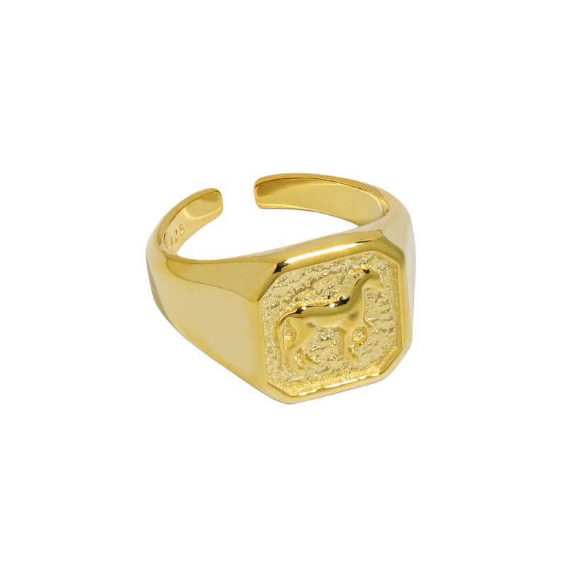 Lovcia Men's Square Horse Ring 925 Gold Tone Adjustable-Rings-Yellow Gold-