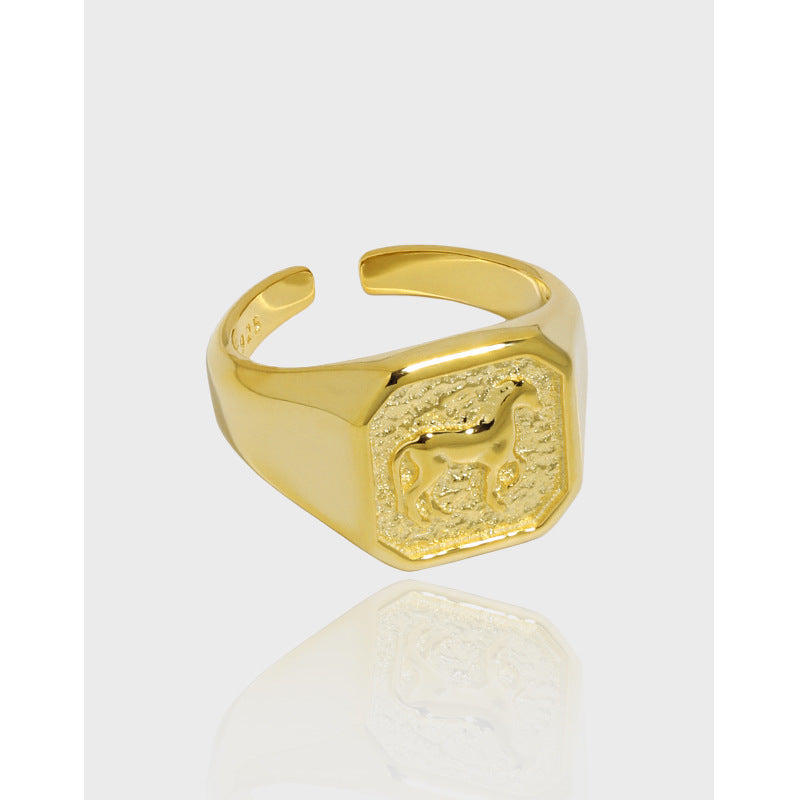 Lovcia Men's Square Horse Ring 925 Gold Tone Adjustable-Rings-Yellow Gold-