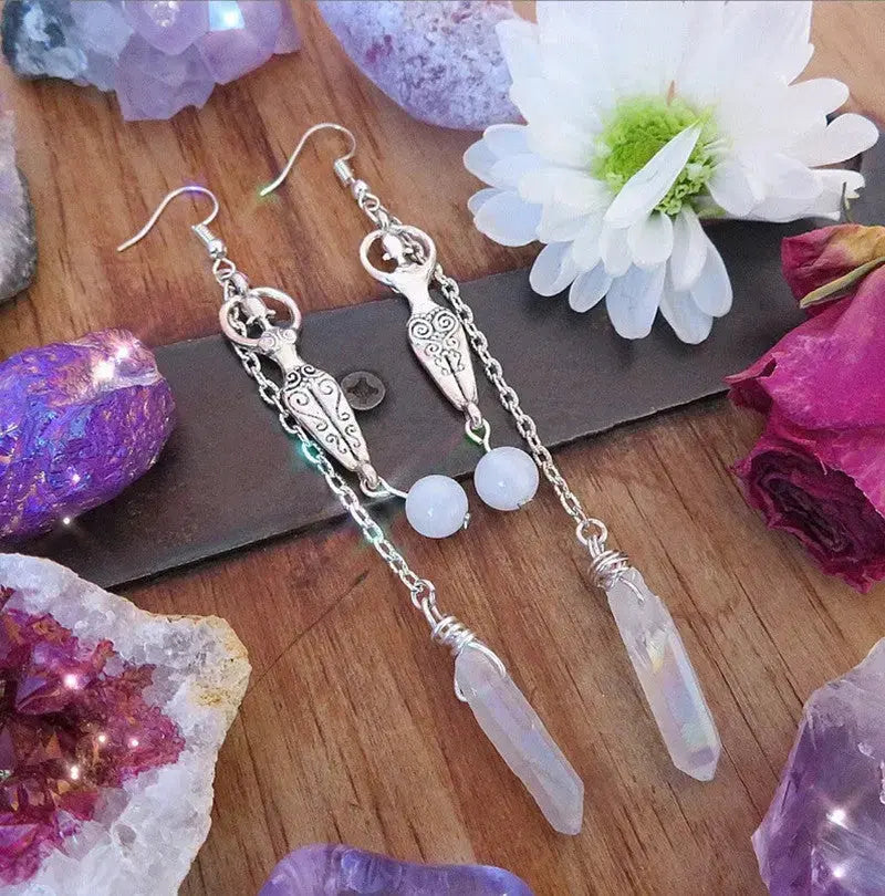 Lovcia Mesmerizing Moonstone and Angel Halo Quartz Wrap Earrings - Unleash Your Inner Radiance-Earrings-Silver-Silver