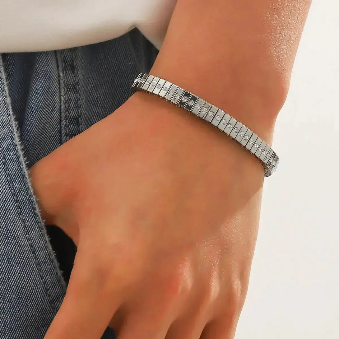 Lovcia Metallic Stainless Steel Crystal Inlaid Elastic Bracelet For Men and Women-Bracelets-Style 1-Style 1