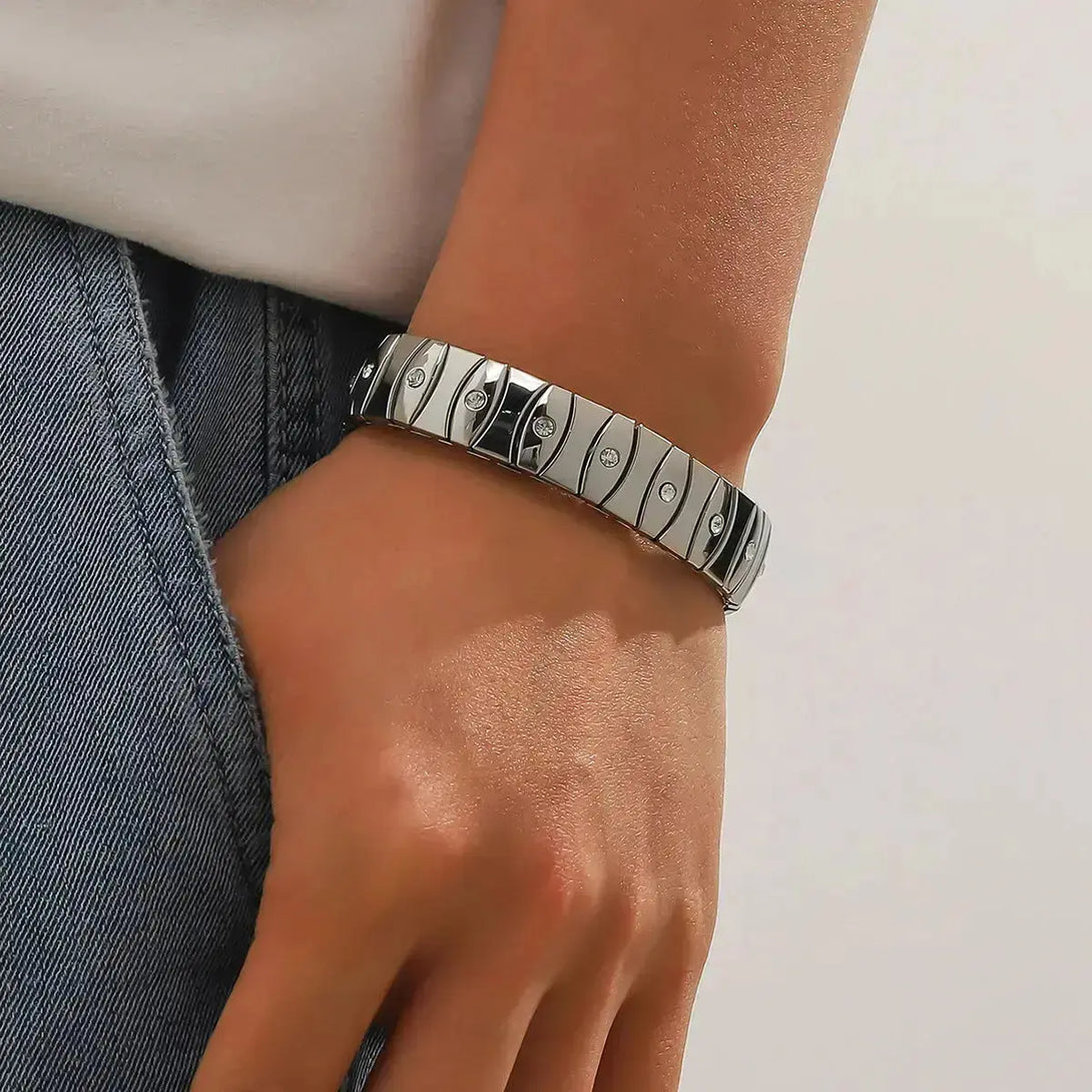 Lovcia Metallic Stainless Steel Crystal Inlaid Elastic Bracelet For Men and Women-Bracelets-Style 10-Style 10