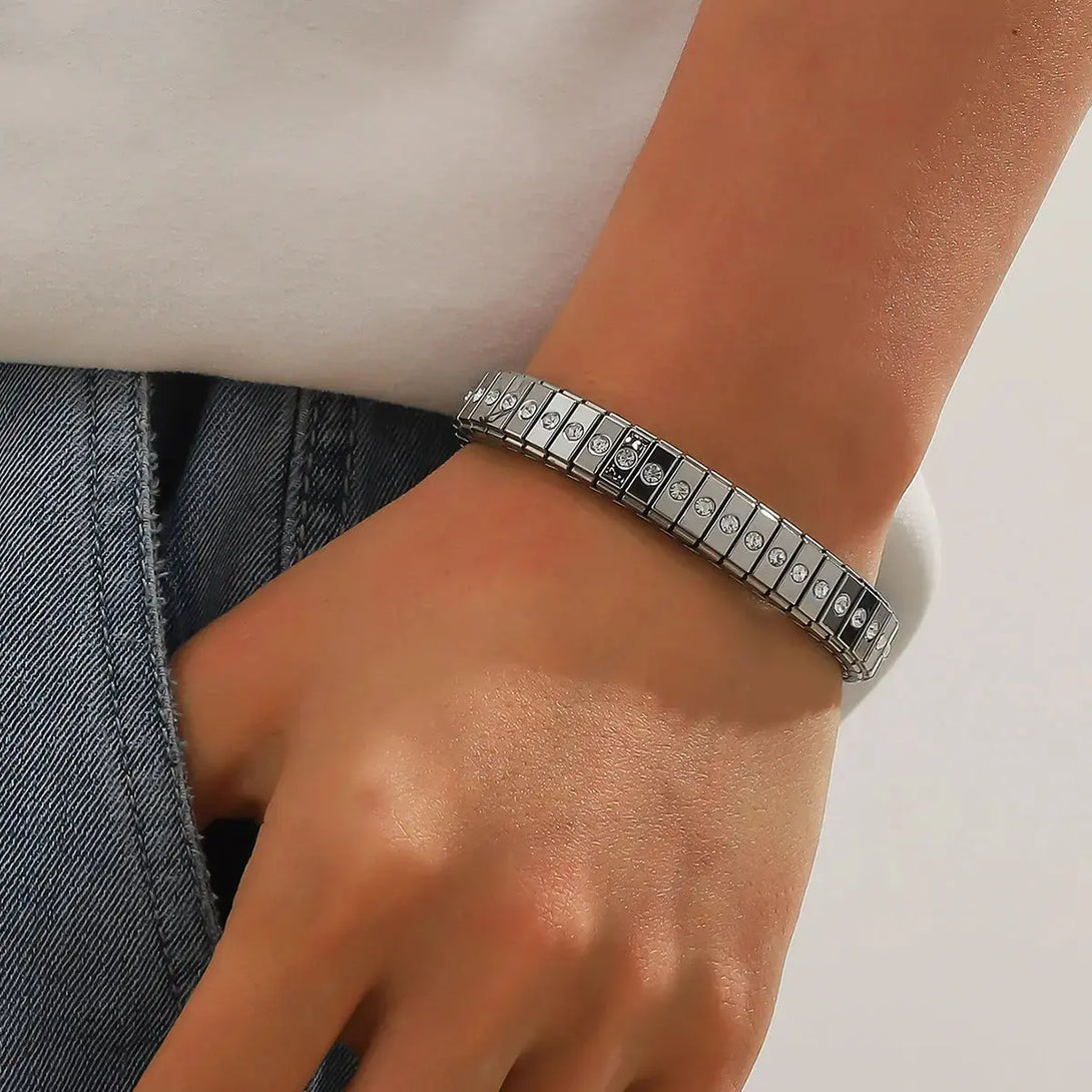 Lovcia Metallic Stainless Steel Crystal Inlaid Elastic Bracelet For Men and Women-Bracelets-Style 4-Style 4
