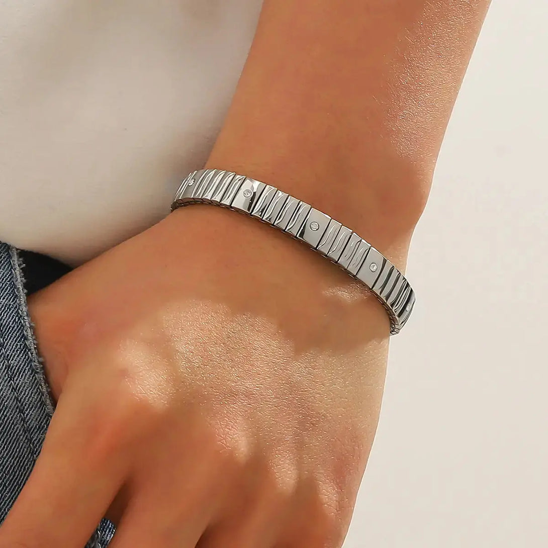 Lovcia Metallic Stainless Steel Crystal Inlaid Elastic Bracelet For Men and Women-Bracelets-Style 9-Style 9