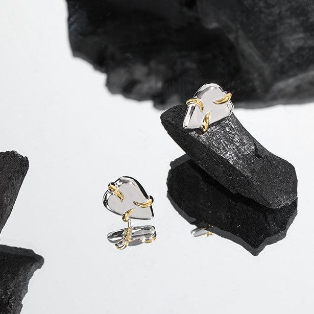 Lovcia Minimalist Embrace Heart Stud Earrings Gold 10x14mm-Earrings-Rhodium + Yellow Gold-Rhodium + Yellow Gold