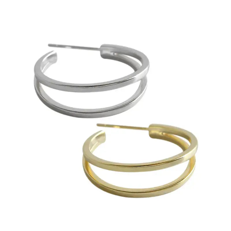Lovcia Minimalist Hollow Double Layer 925 Sterling Silver Hoop Earrings-Earrings-Rhodium-Rhodium