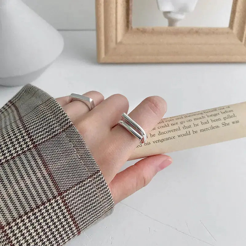 Lovcia Minimalist Lines Cross Simple 925 Sterling Silver Adjustable Ring-Rings-Rhodium-Rhodium