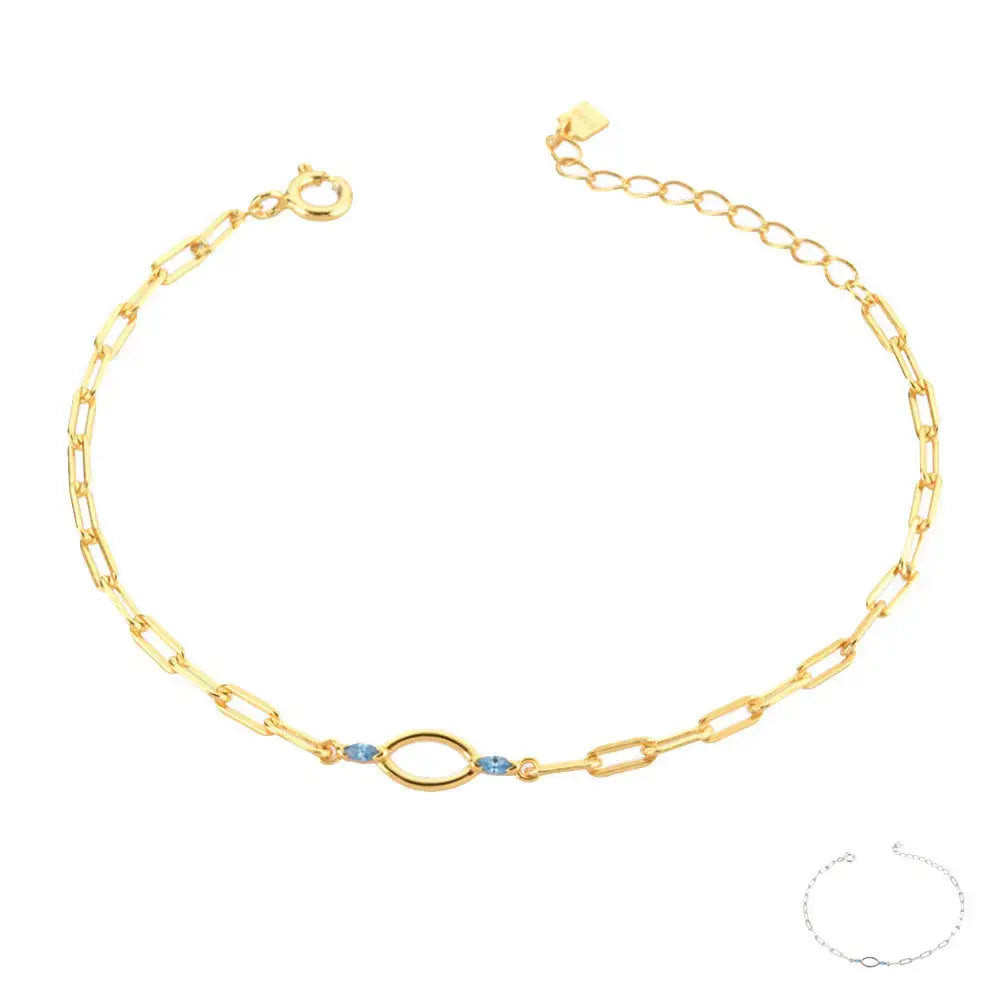 Lovcia Minimalist Oval Link 18K Gold and Platinum Plated Sterling Silver Bracelet for Women with Blue Accents-Bracelets-Gold-Gold