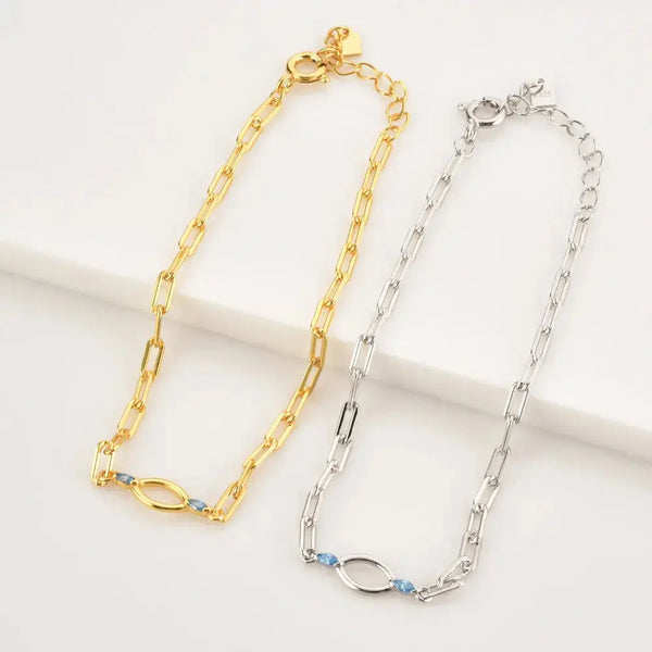 Lovcia Minimalist Oval Link 18K Gold and Platinum Plated Sterling Silver Bracelet for Women with Blue Accents-Bracelets-Silver-Silver
