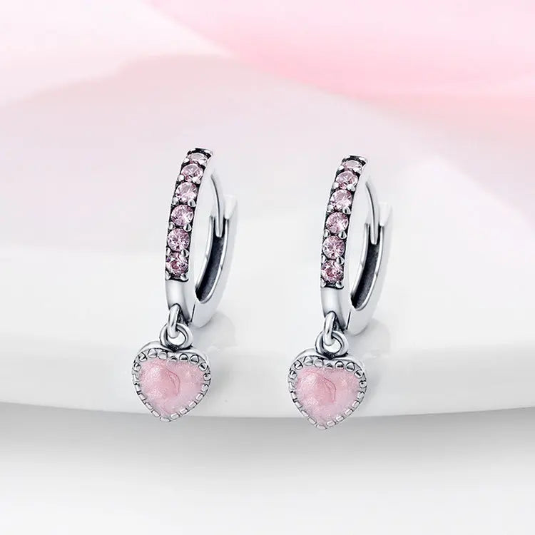 Lovcia Minimalistic Pink Crystal Love Heart Sterling Silver Hoop Earrings for Women-Earrings-Love Heart Earrings-Love Heart Earrings