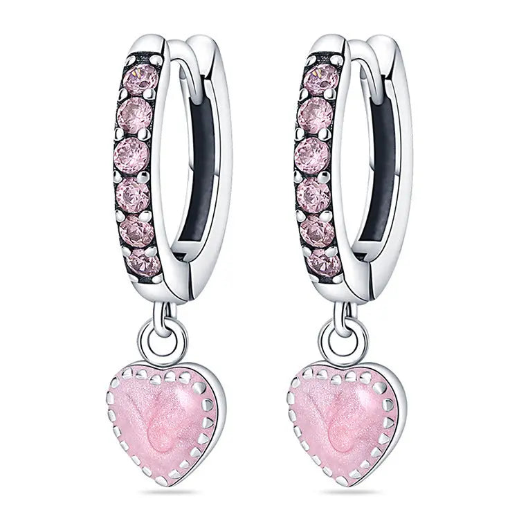 Lovcia Minimalistic Pink Crystal Love Heart Sterling Silver Hoop Earrings for Women-Earrings-Love Heart Earrings-Love Heart Earrings