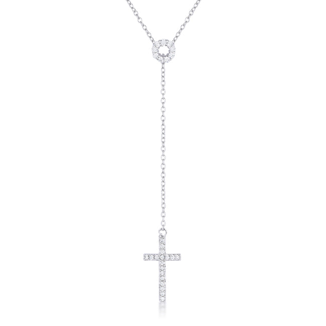 Lovcia Miranda Rhodium-Plated Lariat Necklace with 0.3ct CZ Cross Pendant-Necklaces-