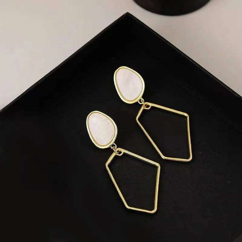 Lovcia Modern Asymmetrical Design Geometric Mother-of-Pearl Drop Earrings for Women-Earrings-White-White