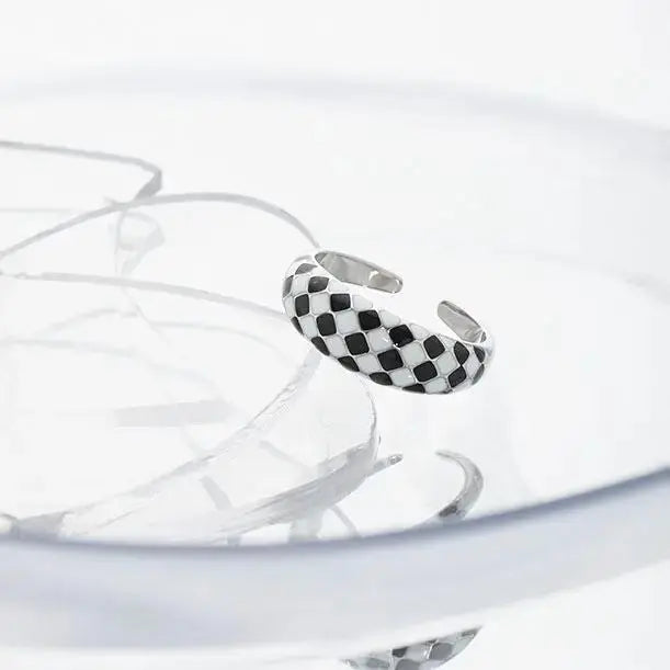 Lovcia Modern Black White Checkerboard 925 Sterling Silver Adjustable Ring-Rings-Rhodium-Rhodium