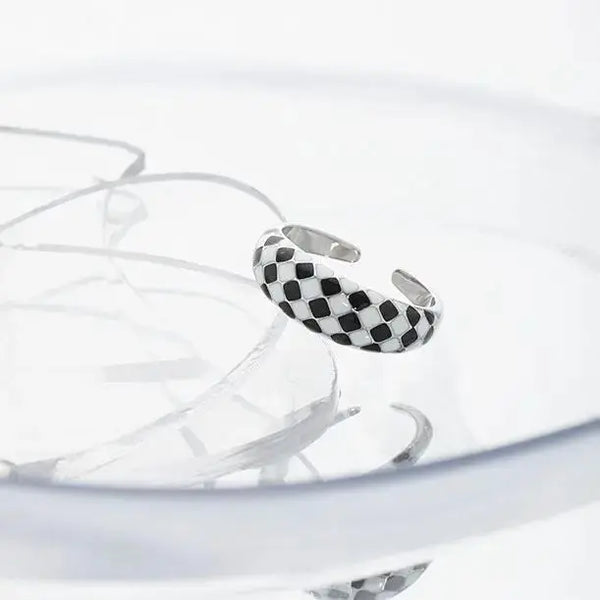Lovcia Modern Black White Checkerboard 925 Sterling Silver Adjustable Ring-Rings-Rhodium-Rhodium