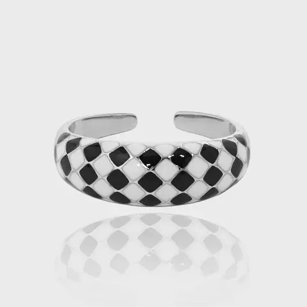 Lovcia Modern Black White Checkerboard 925 Sterling Silver Adjustable Ring-Rings-Rhodium-Rhodium