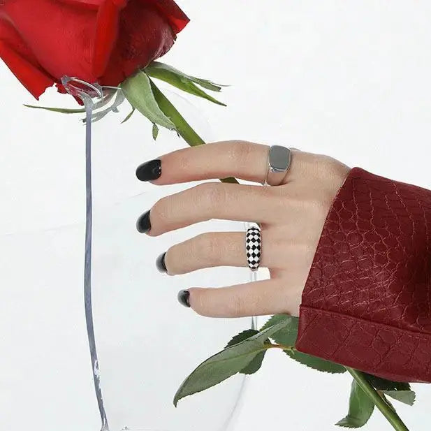 Lovcia Modern Black White Checkerboard 925 Sterling Silver Adjustable Ring-Rings-Rhodium-Rhodium
