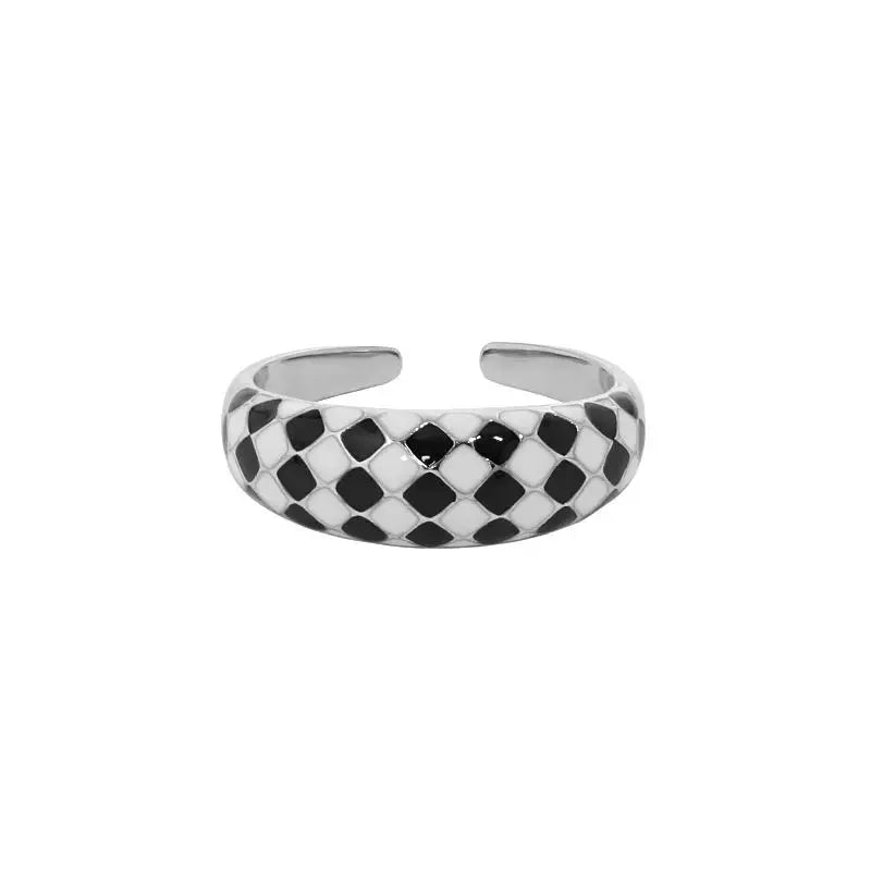Lovcia Modern Black White Checkerboard 925 Sterling Silver Adjustable Ring-Rings-Rhodium-Rhodium