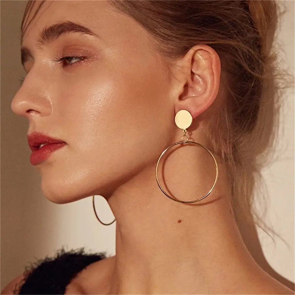 Lovcia Modern Circular Style Stainless Steel Dangle Earrings for Women-Earrings-Gold Color with 35mm Drop Length-Gold Color with 35mm Drop Length