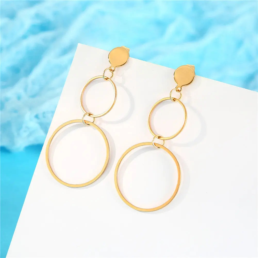 Lovcia Modern Circular Style Stainless Steel Dangle Earrings for Women-Earrings-Gold Color with 35mm Drop Length-Gold Color with 35mm Drop Length