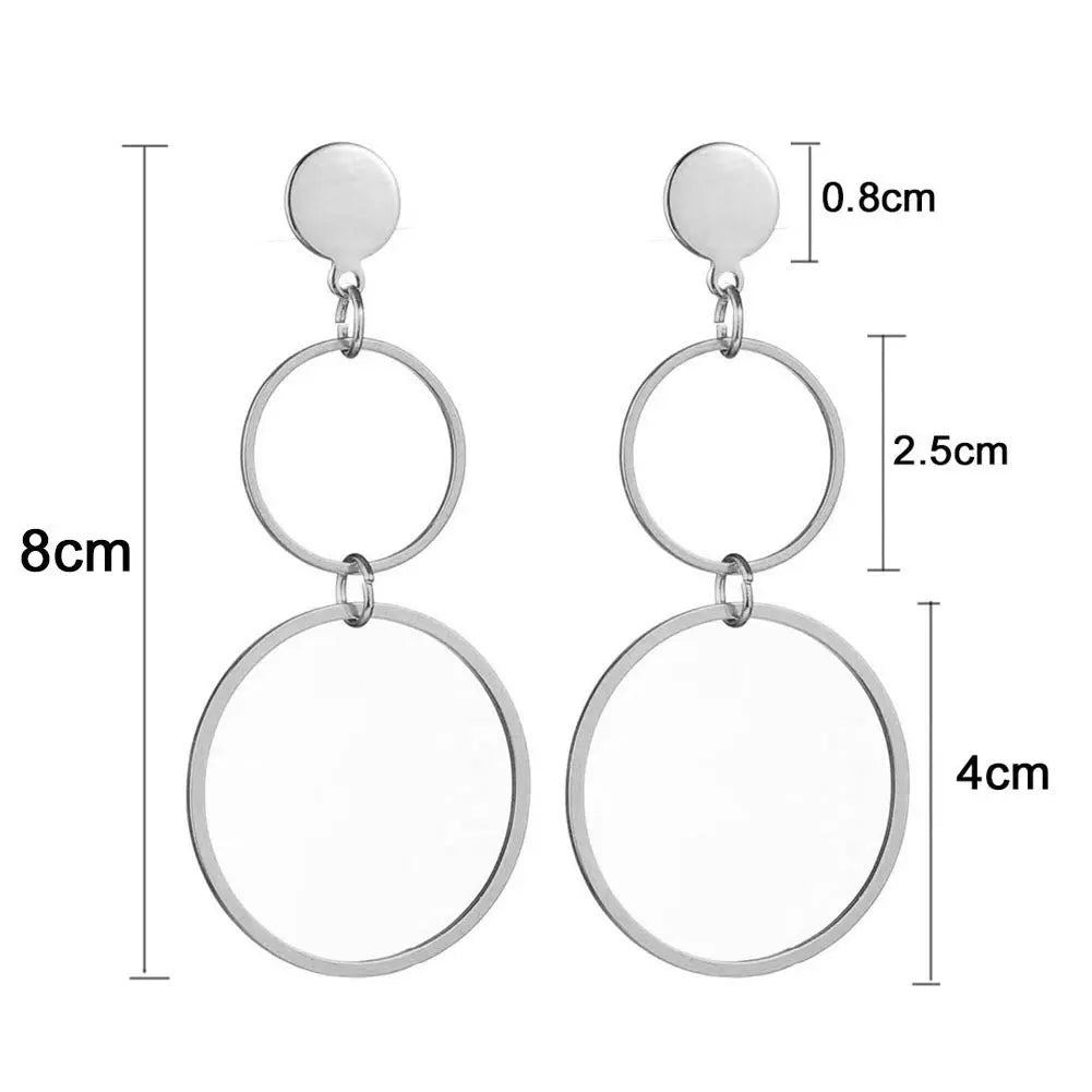 Lovcia Modern Circular Style Stainless Steel Dangle Earrings for Women-Earrings-Silver Color with 80mm Drop Length-Silver Color with 80mm Drop Length